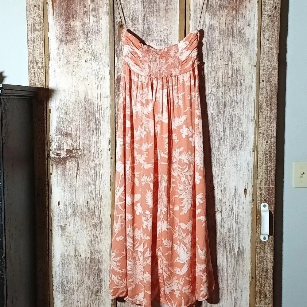 H&M floral cottagecore smocked tie detail halter apricot tropical maxi large - Picture 4 of 12